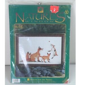 Vintage Natures Window Cross Stitch Kit Foxes 14 Count Fiddler's Cloth‎ 11x17